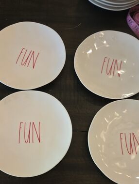 Rae DunnWhite 'FUN' Melamine 8" Side  Dessert Plates - Red Lettering